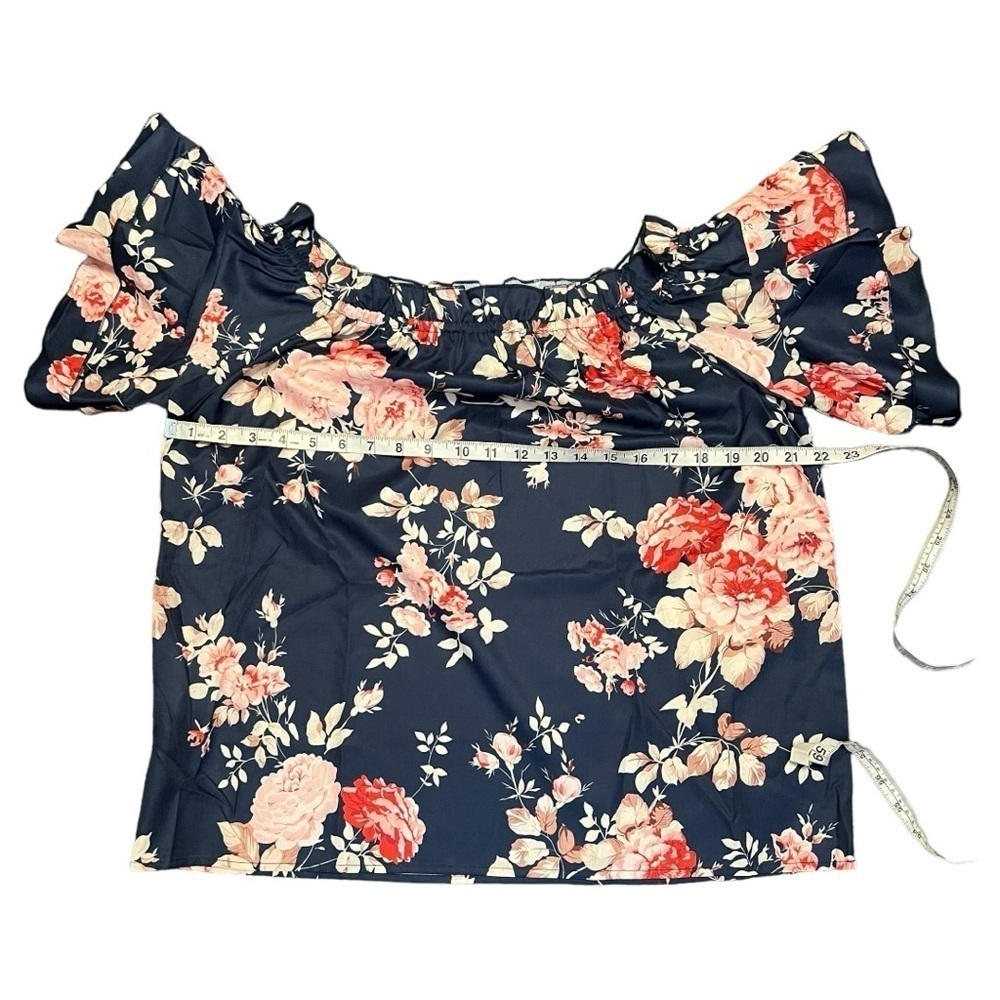 Navy Blue and Pink Ruffle Off Shoulder Flounce Sleeve Floral Blouse Large NWOT - Picture 5 of 7